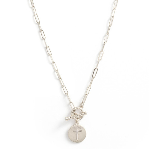 Necklace - Delicate link chain with toggle in front and cross cut out (Silver) by Splendid Iris Necklace - Delicate link chain with toggle in front and cross cut out (Silver) by Splendid Iris