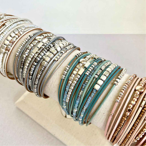 Bracelet Turquoise, Silver & Gold Multistrand Bracelet Leather Metal & Glass Beads by Caracol