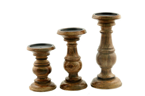 Pillar Shaped Wooden Candle Holder, Set of 3, Brown
