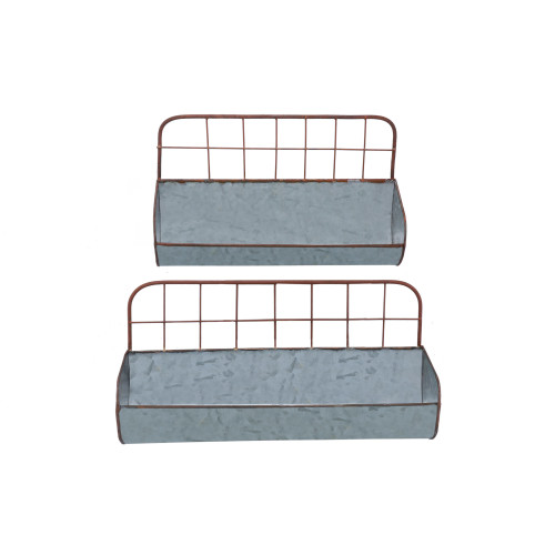 Galvanized Metal Wall Iron Shelves With Wired Back, Set of 2, Gray
