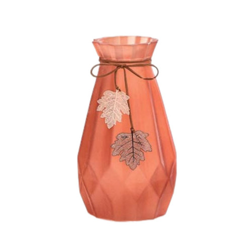 Burnt Orange Large Vase Cinch Neck with Leather Tie and Cooper Leaves by Burton+Burton