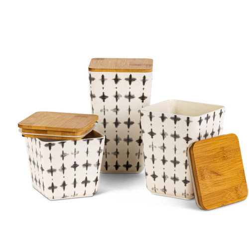 3-Pc Set Black & White Bamboo Fiber Nesting Containers with Wooden Lids by GG Collection