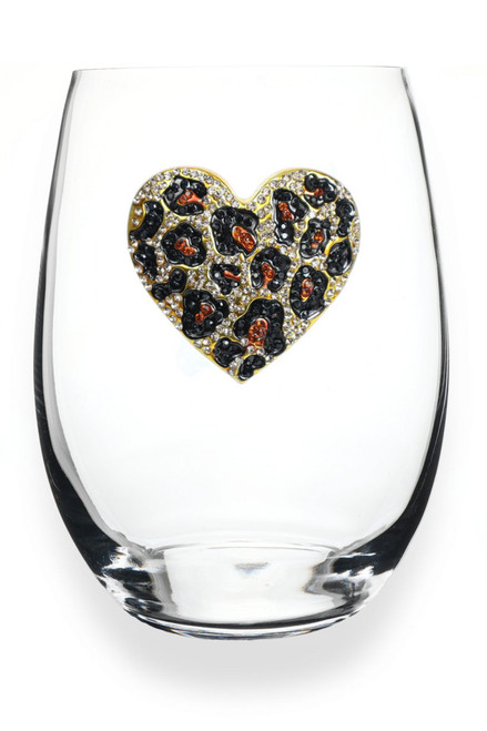 Leopard Heart Jeweled Stemless Wine Glass by The Queens' Jewels