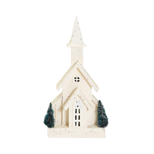 Silent Night Wooden LED Light Up Church with Trees by Two's Company Silent Night Wooden LED Light Up Church with Trees by Two's Company