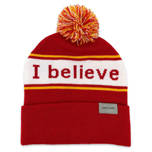 'I believe'™ Red & Gold Knit Beanie with 'we are awesome'™ on Inside Cuff by Notes To Self