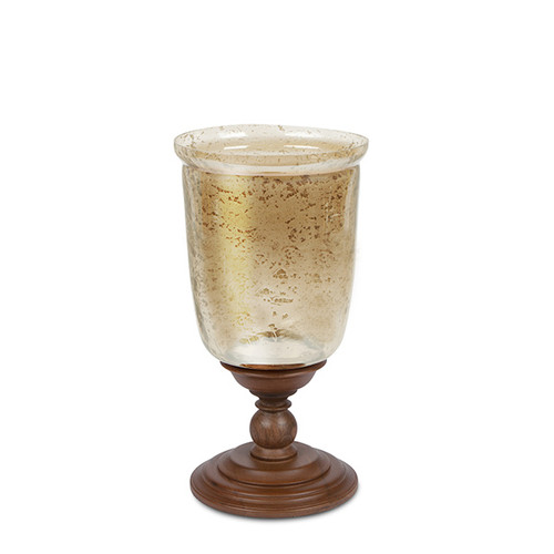 Acanthus 19" Mango Wood & Gold Luster Glass Pedestal Hurricane Candleholder - GG Collection