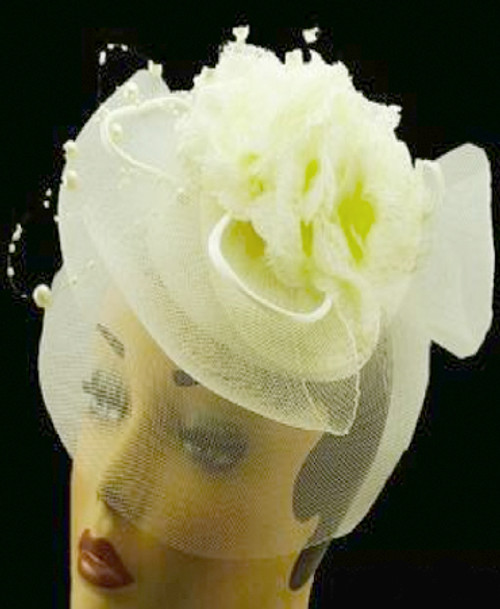 White Cocktail Hat w/Mesh Brim