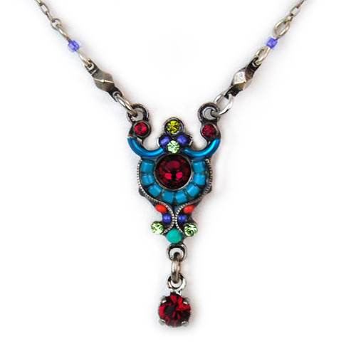 Multi-Color Delicate Victorian Mosaic Necklace with Drop and Arc 8577 - Firefly Jewe