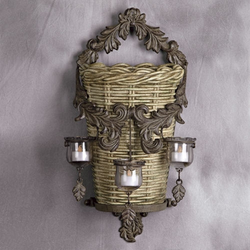Metal and Cast Stone French Wall Basket with 3 Glass Votive Cups