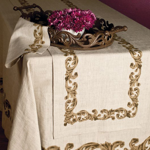 Linen Table Cloth with Scroll Design 68in x 108in - GG Collection*