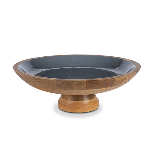 Charcoal Enamel Mango Wood Pedestal Bowl - GG Collection