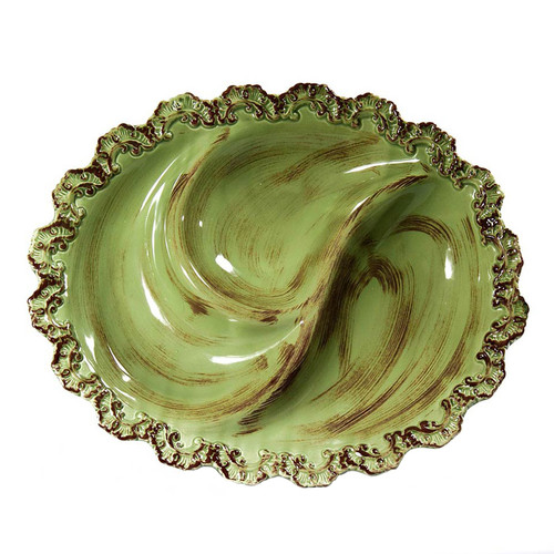 (F) Baroque Green 3 Sectional Oval Antipastiera 16.5" - Intrada Italy