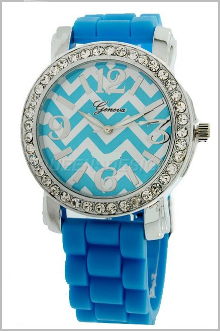 Aqua Large Face Chevron Print Standard Jelly Watch