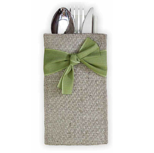 Moss Green Ribbon Cutlery Couture Burlap Cutlery Pouch (Set of 8) by Le Cadeaux