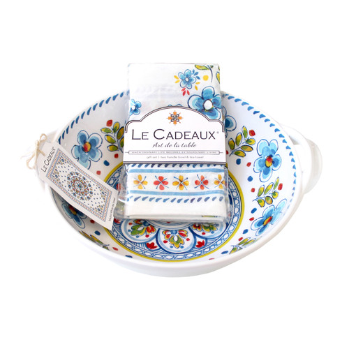 Madrid White Two Handled Bowl with Matching Tea Towel Gift Set by Le Cadeaux