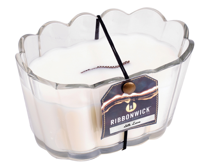 RibbonWick Silk Lace Scalloped Glass RibbonWick CandleThe Lamp Stand