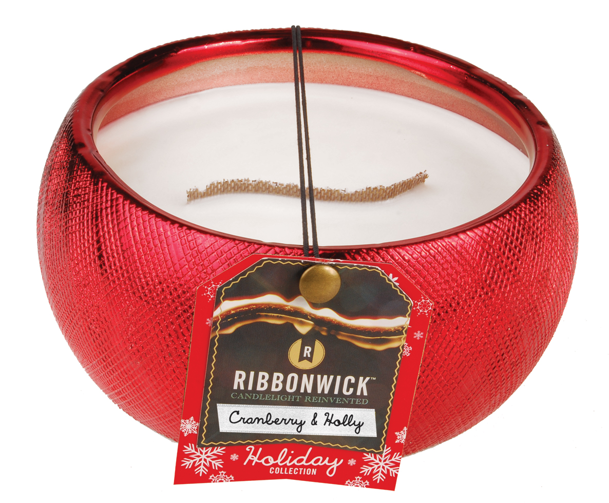 RibbonWick *Cranberry & Holly Metallic Ceramic Large Round RibbonWick