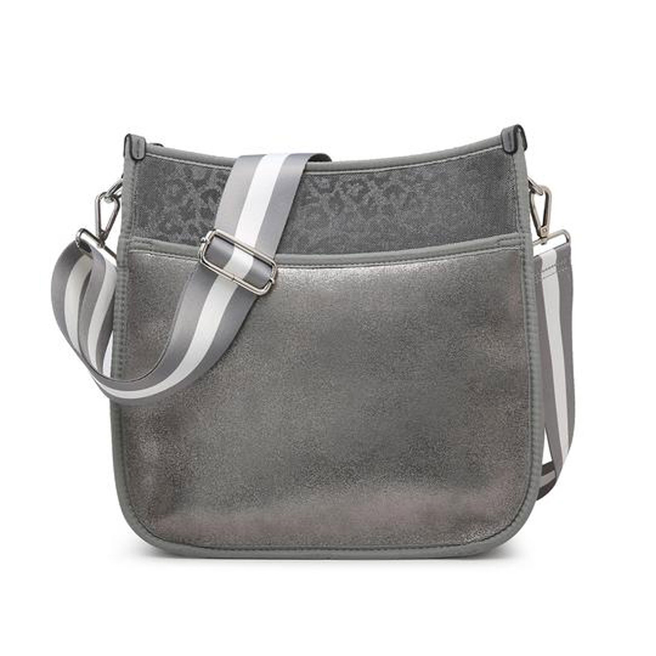 Jen & Co. Printed Neoprene Crossbody With Guitar Strap In CheetahD. Silver