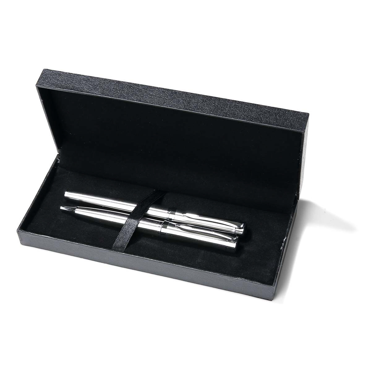 Monogrammed Satin Silver Double Pen Set in Black Wooden Box