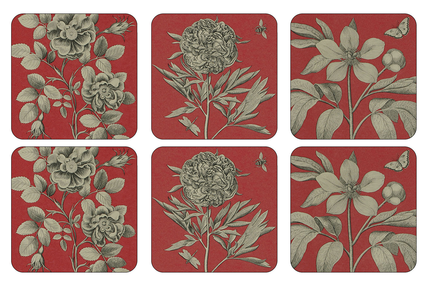 Pimpernel Set of 6 Sanderson Etchings And Roses Red Coasters (Assorted