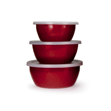 Golden Rabbit Enamelware - Solid Red Pattern - Set of 3 - Mixing Bowls