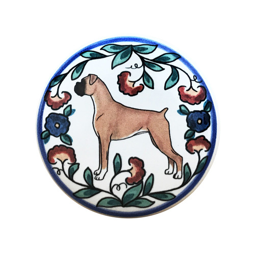 Tan and white Boxer Dog wine stopper, handmade by Shepherd's Grove Studio, CA.