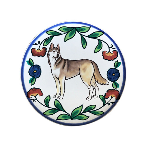 Sable and white Siberian Husky wine stopper, handmade by Shepherd's Grove Studio, CA.