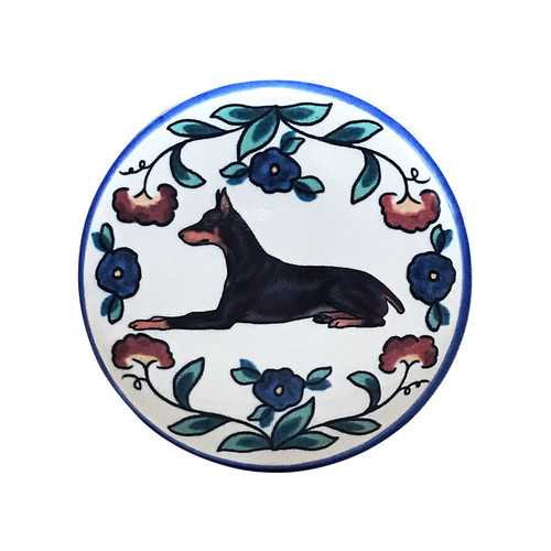 Black and rust Doberman Pinscher (cropped ears) wine stopper, handmade by Shepherd's Grove Studio, CA.