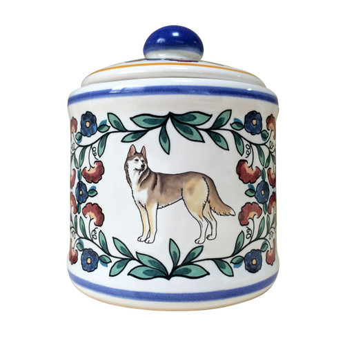 Sable and white Siberian Husky sugar bowl by shepherds-grove.com - side view