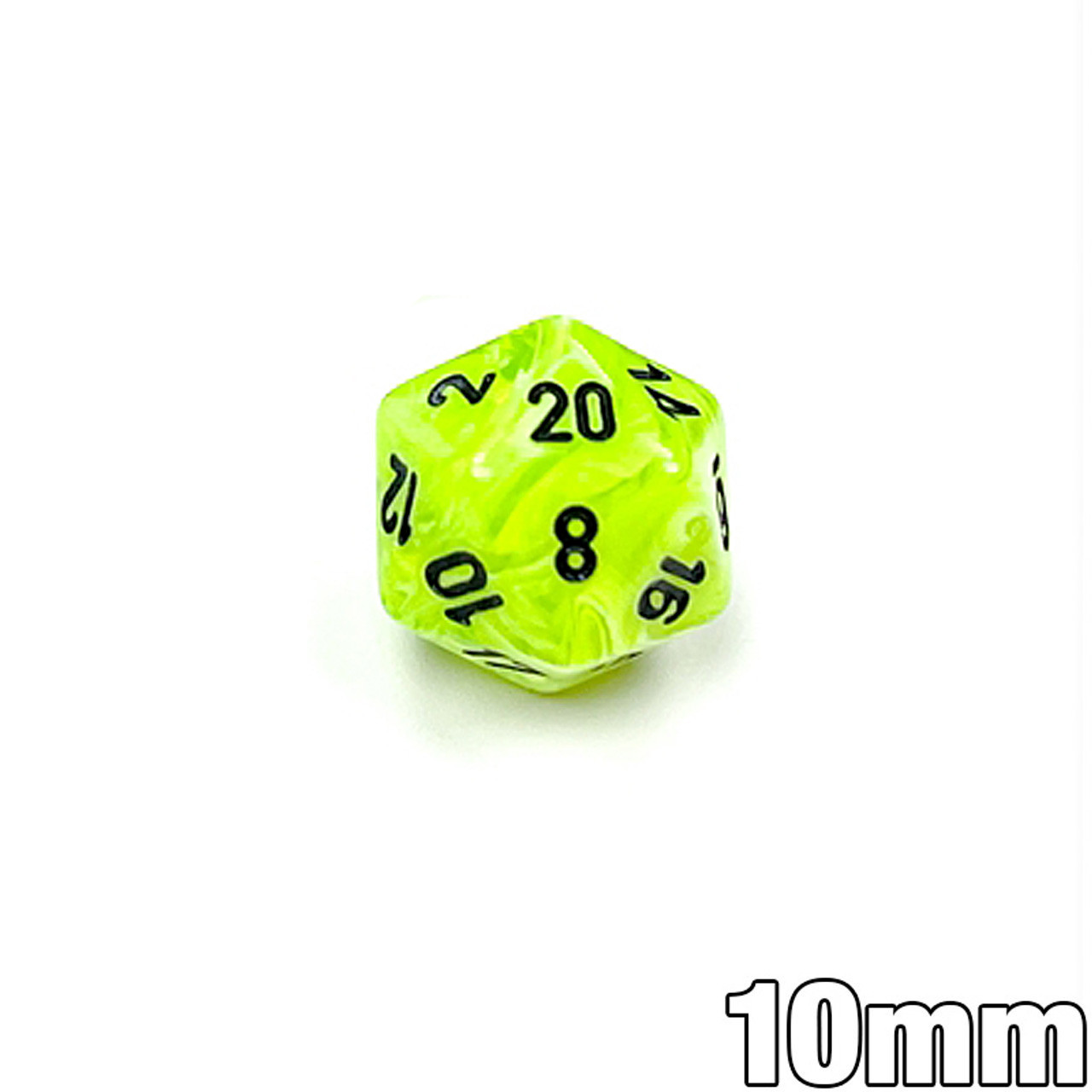 Bright Green Mini 10mm 20-sided Vortex Dice (d20) | Dice Game Depot