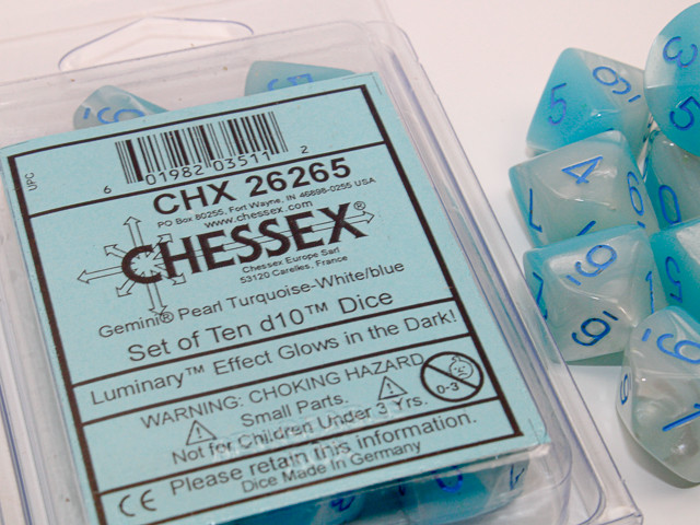Set of Ten 10-sided Gemini Pearl and Turquoise Dice | Dice Game Depot