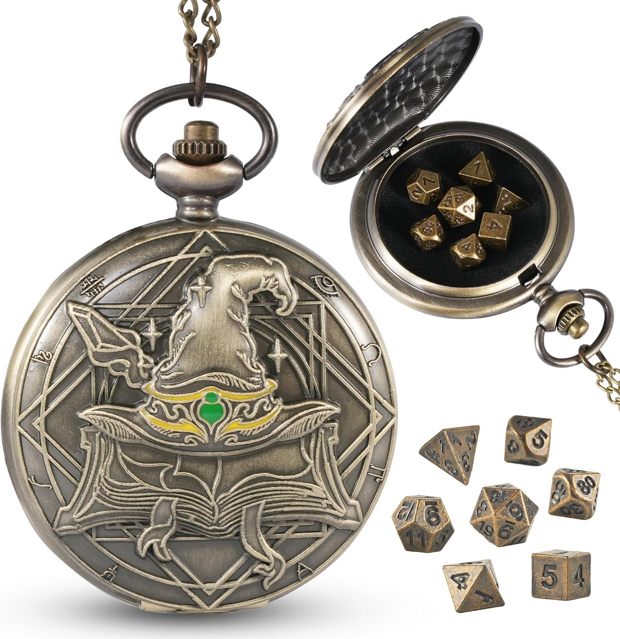 Mini Bronze DnD Dice Set With Pocket Watch Case Wizard Design