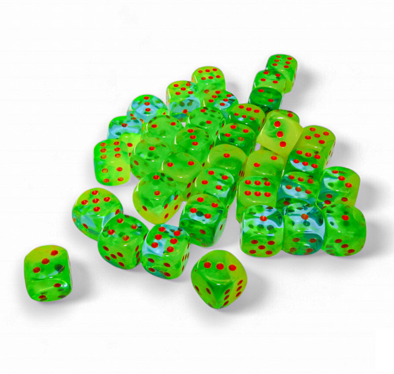 Chessex Gemini 16mm d6 Green-Yellow w/silver Dice Block (12 dice