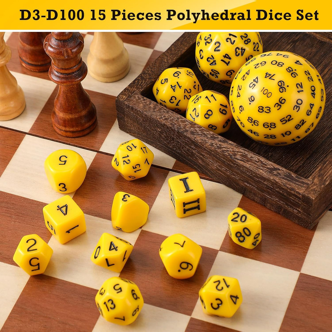 15-piece Dice Set - d3 to d100 - Yellow | Dice Game Depot