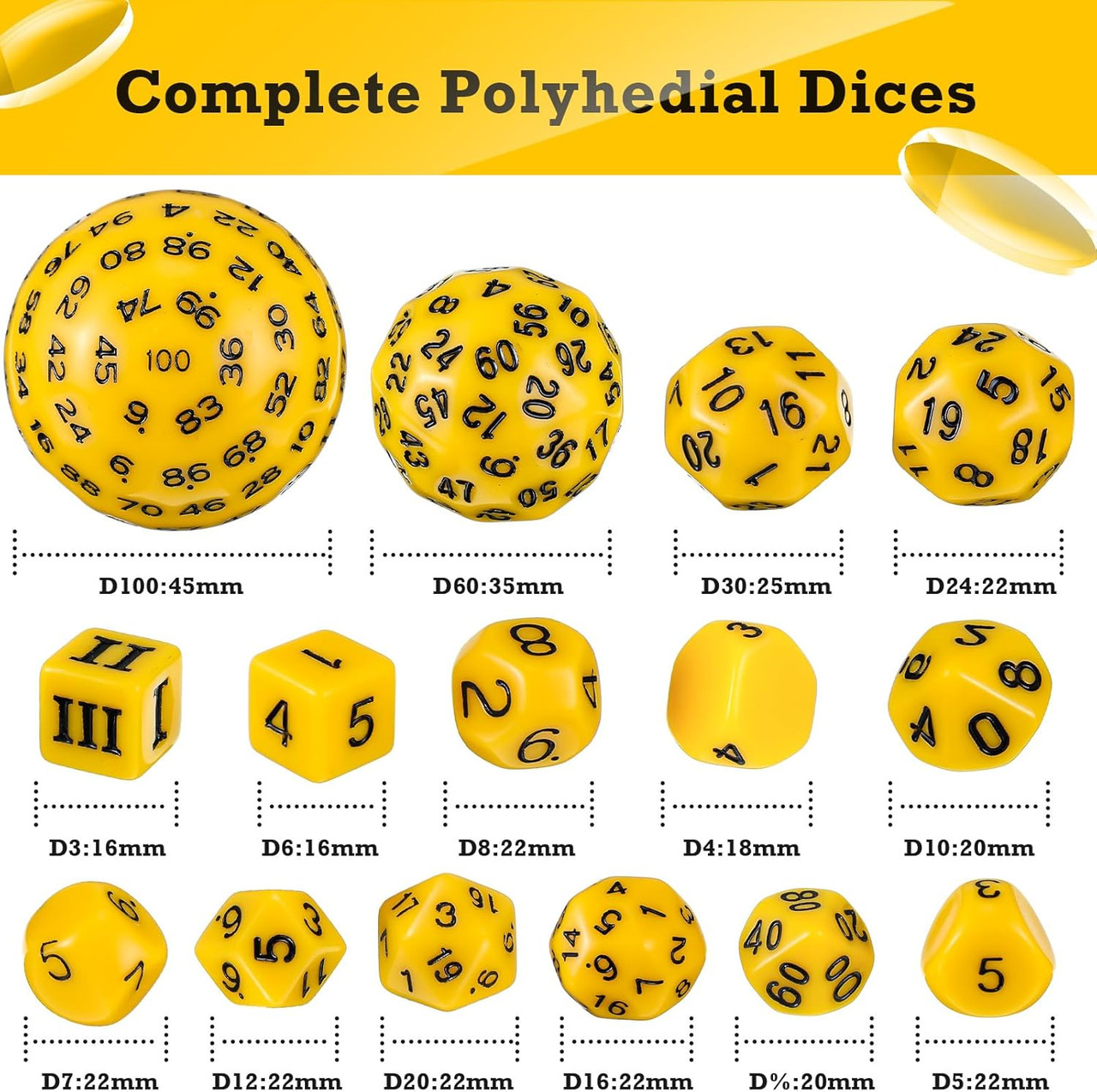 15-piece Dice Set - d3 to d100 - Yellow | Dice Game Depot