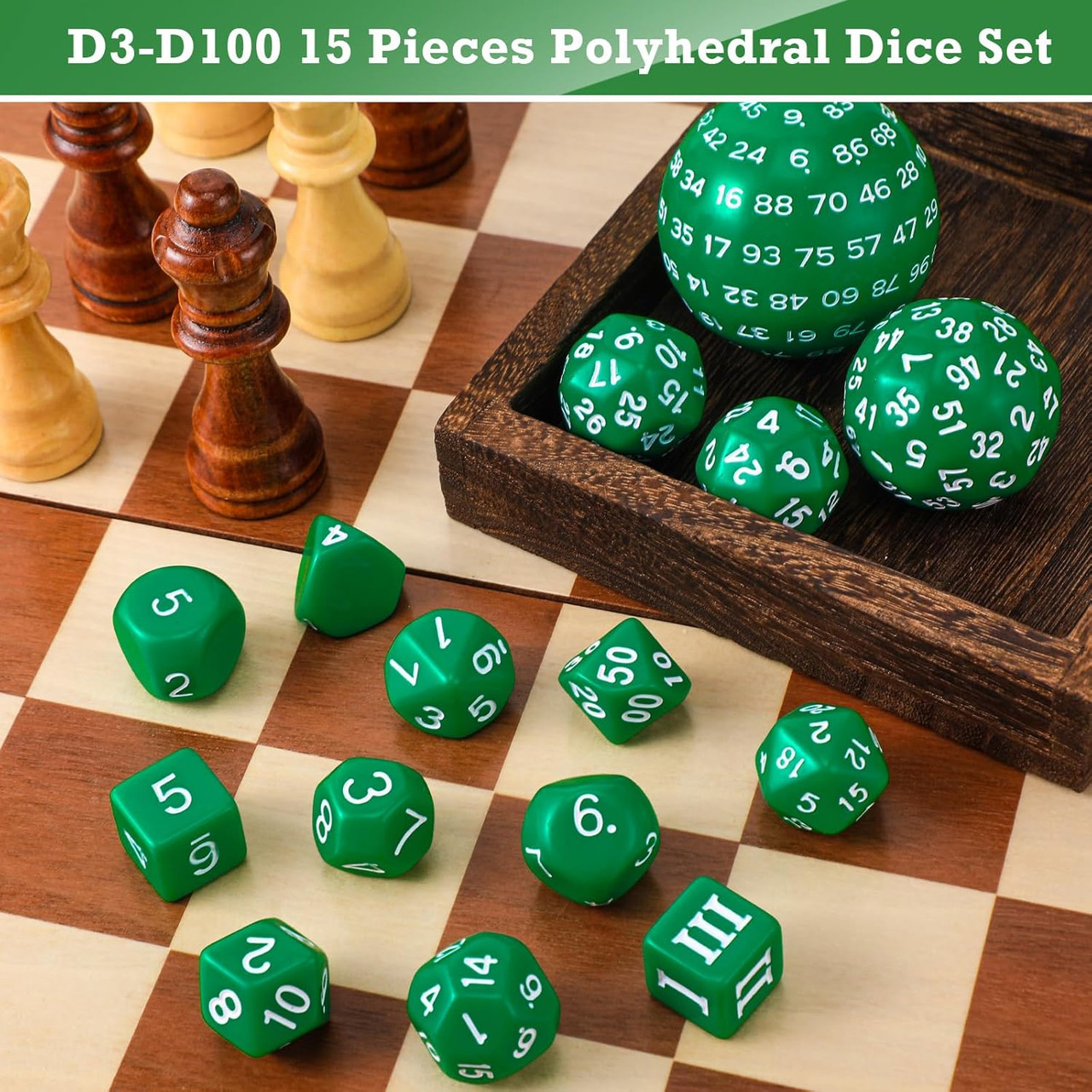 15-piece Dice Set - d3 to d100 - Green | Dice Game Depot