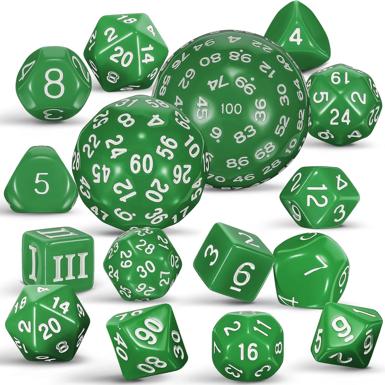 15-piece Dice Set - d3 to d100 - Green | Dice Game Depot