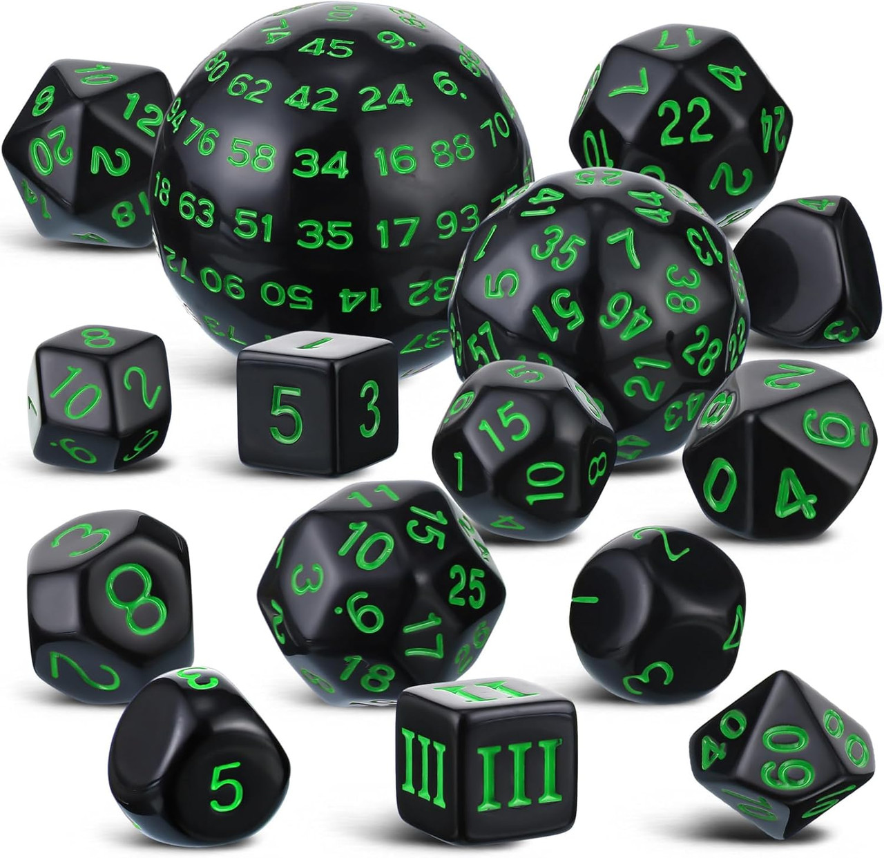 15-piece Dice Set - d3 to d100 - Black with Green | Dice Game Depot