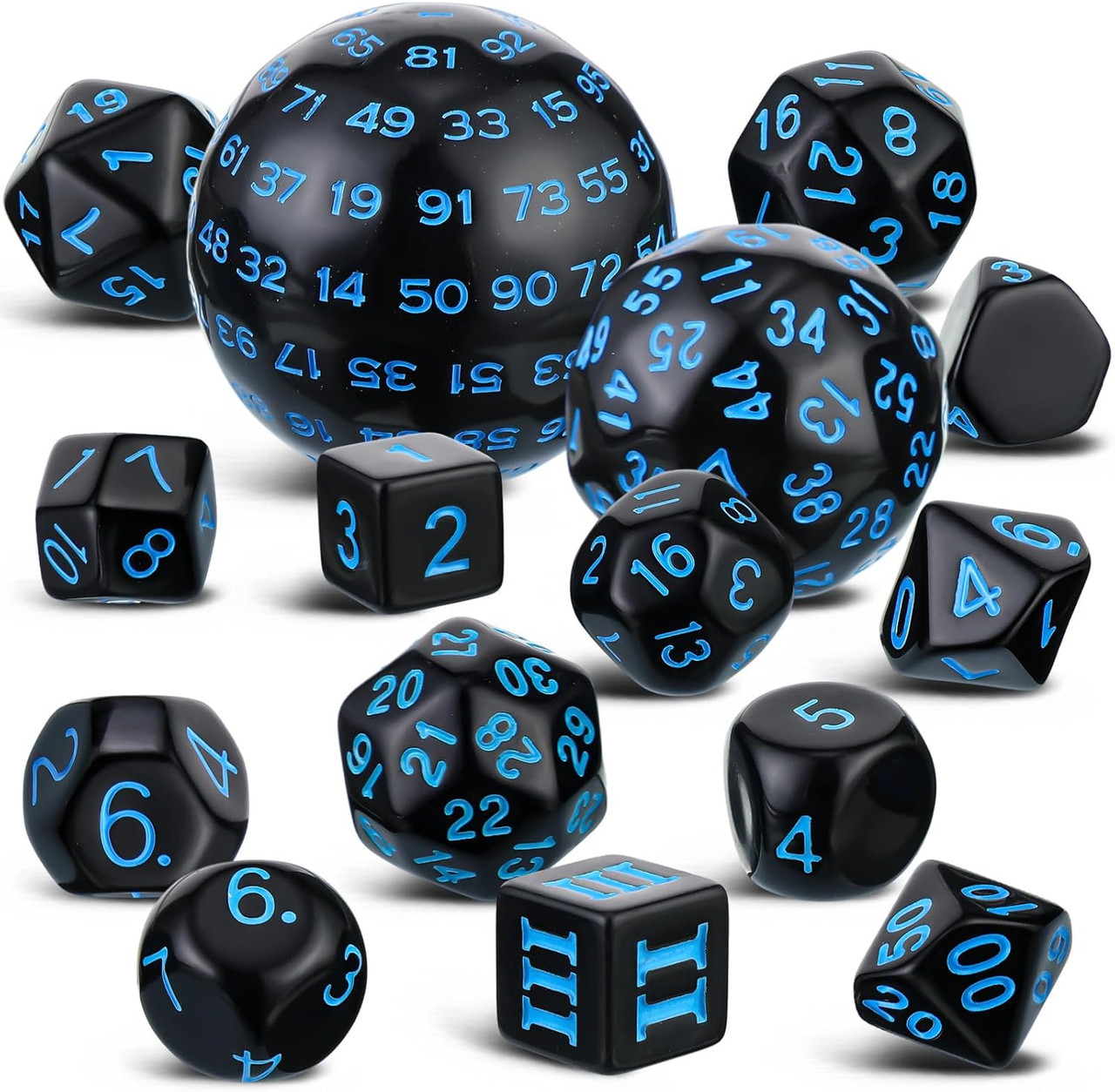 15-piece Dice Set - d3 to d100 - Black with Blue | Dice Game Depot 15-piece Dice Set - d3 to d100 - Black with Blue | Dice Game Depot