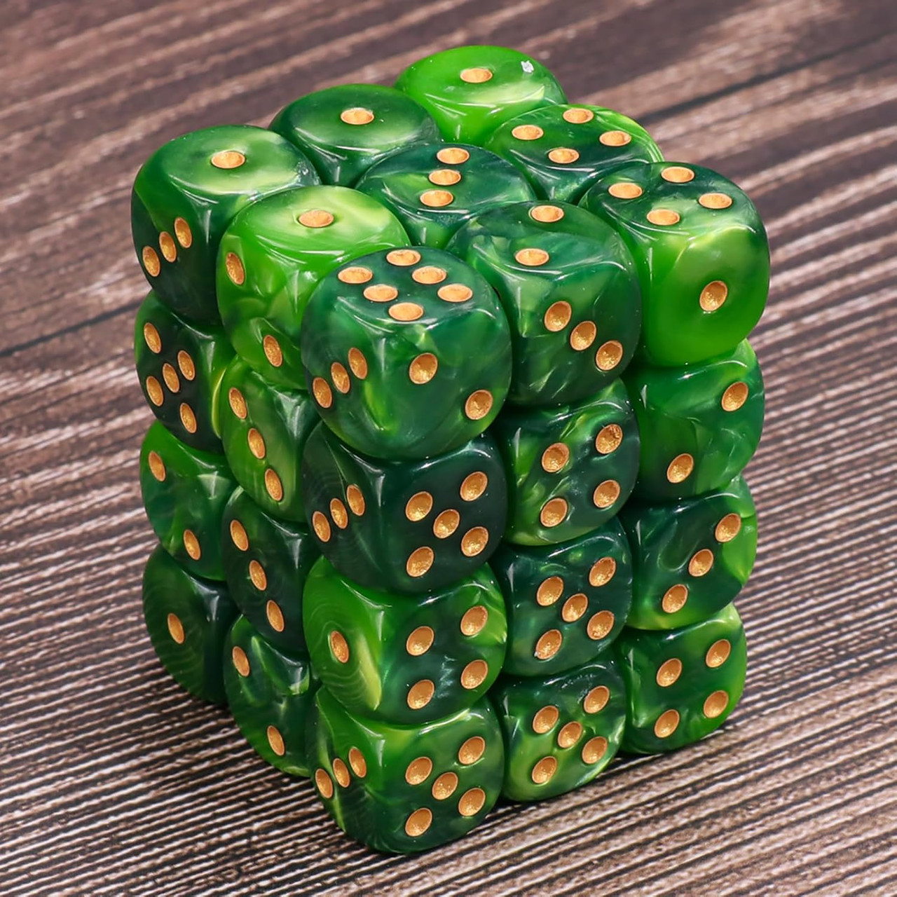 Set of 36 Pearlized Green 12mm 6-Sided Dice with Gold Spots | Dice