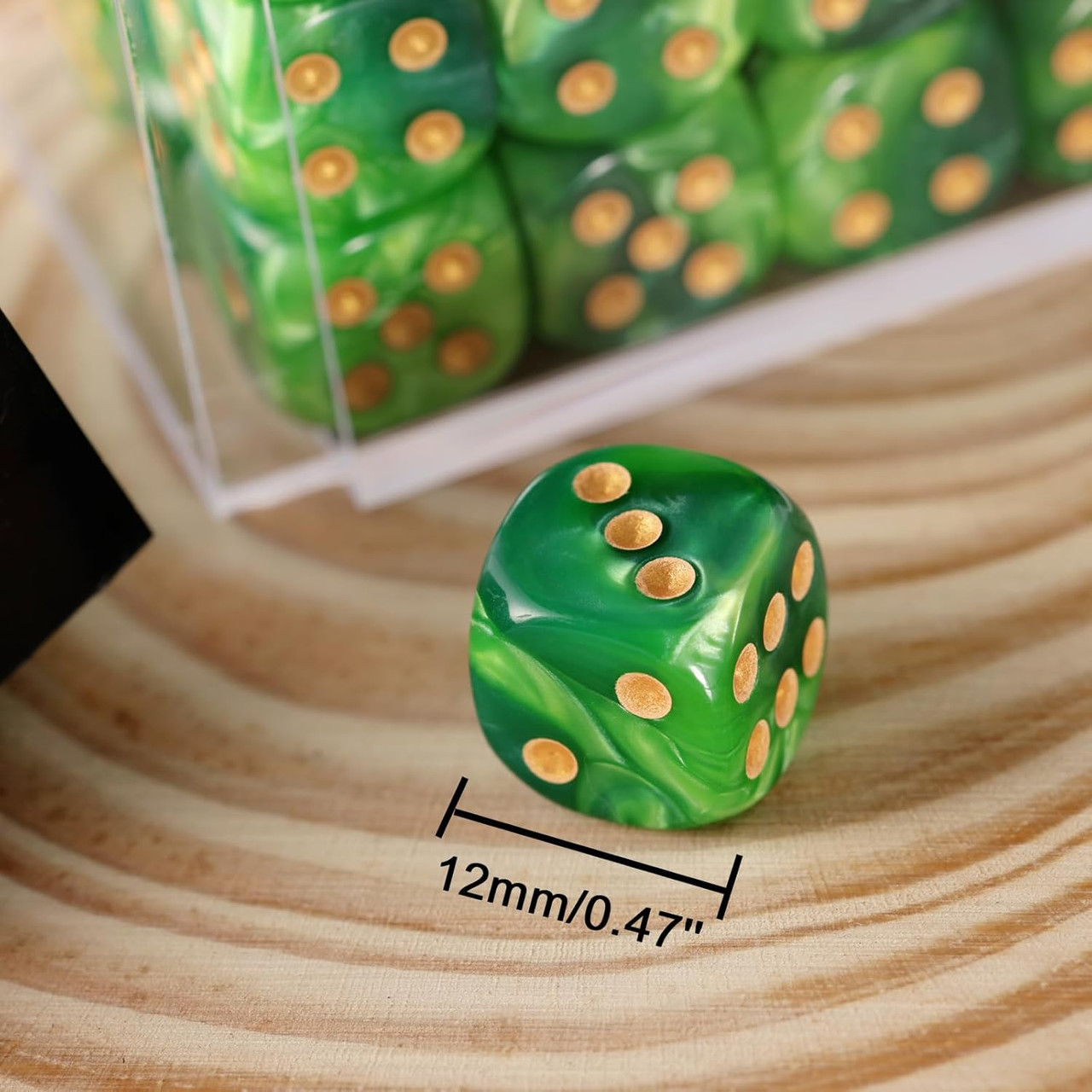 Set of 36 Pearlized Green 12mm 6-Sided Dice with Gold Spots | Dice