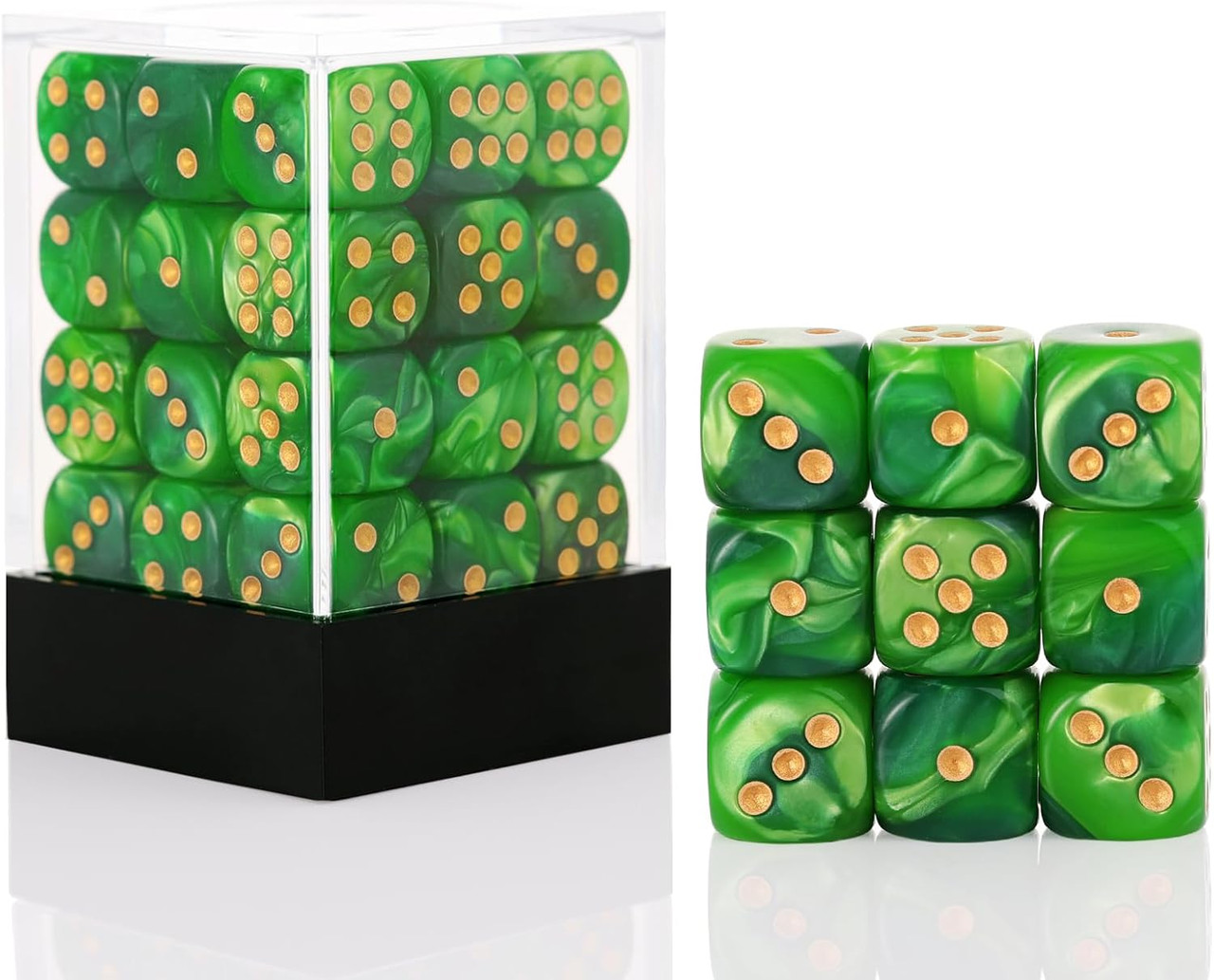 Set of 36 Pearlized Green 12mm 6-Sided Dice with Gold Spots | Dice