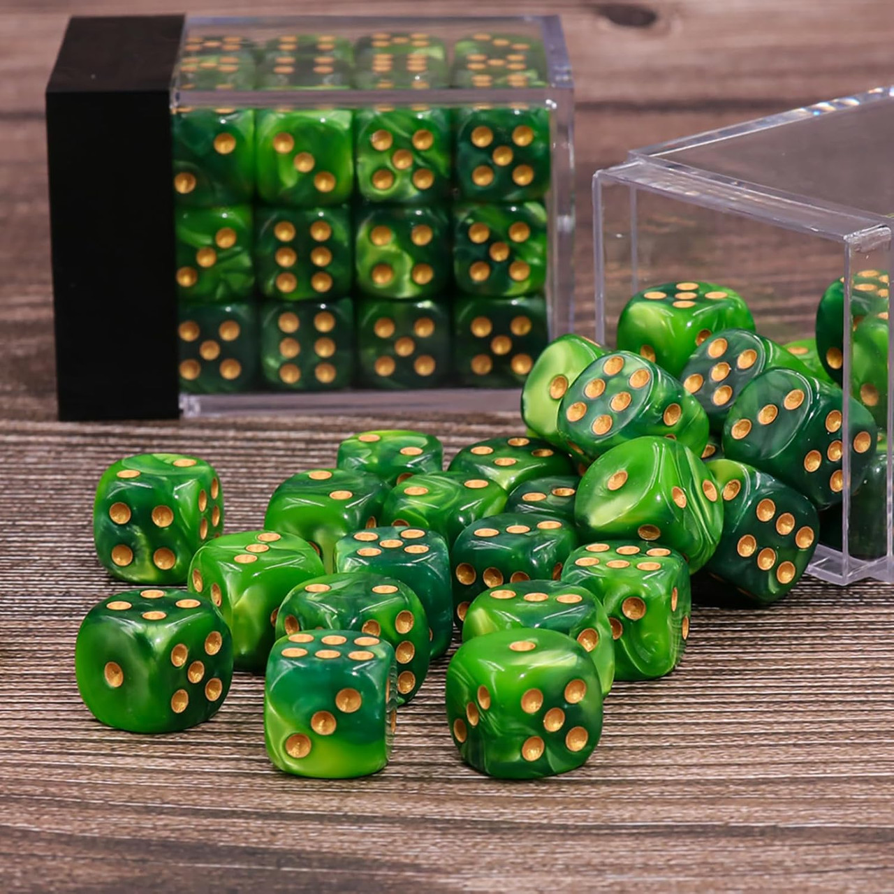 Set of 36 Pearlized Green 12mm 6-Sided Dice with Gold Spots | Dice