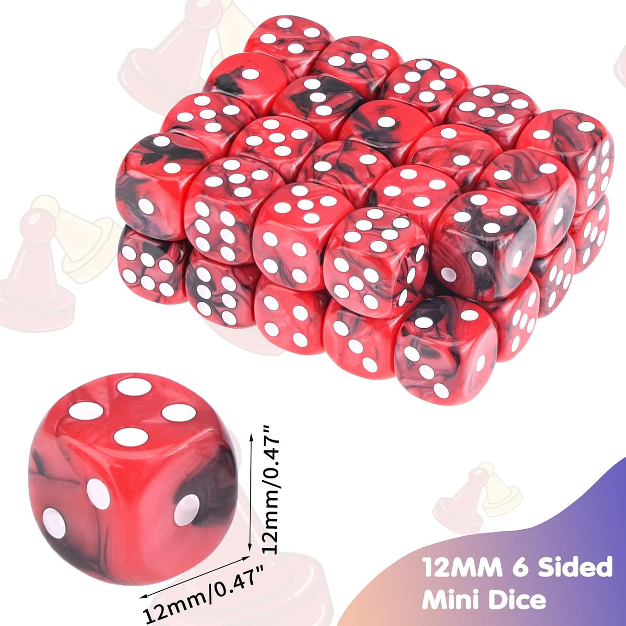 Set of 36 Swirl Black and Red 12mm 6-Sided Dice with White Spots