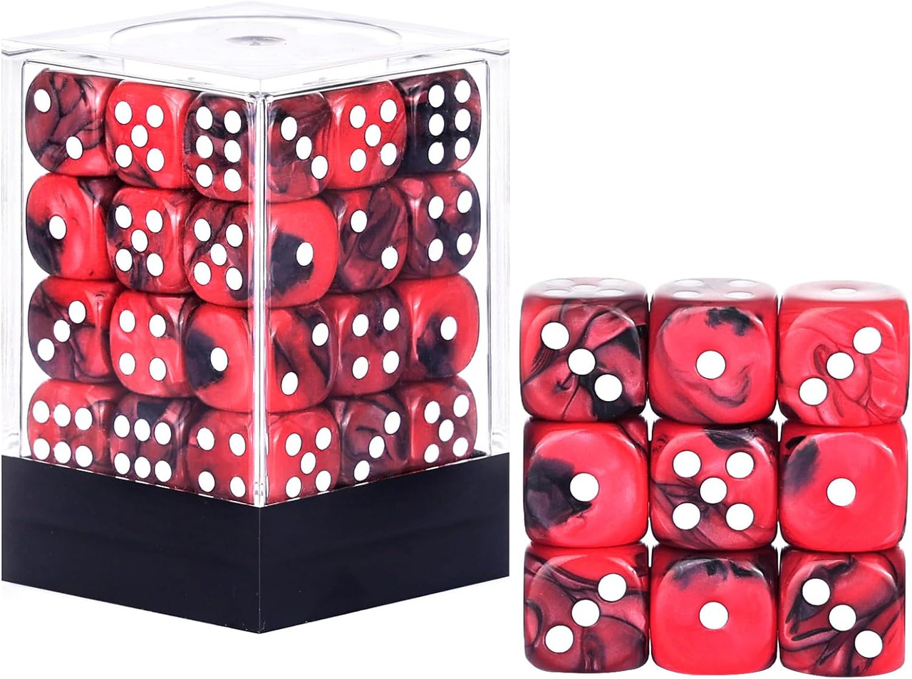 Set of 36 Swirl Black and Red 12mm 6-Sided Dice with White Spots