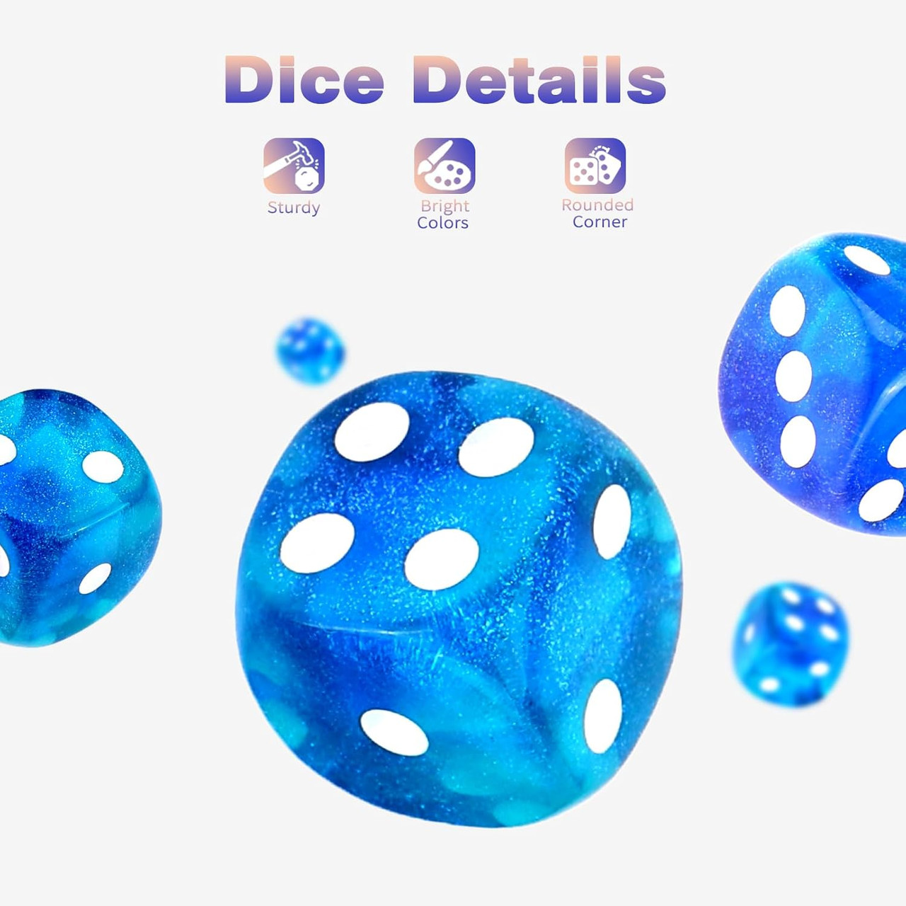 Set of 36 Swirl Blue Glitter 12mm 6-Sided Dice with White Spots