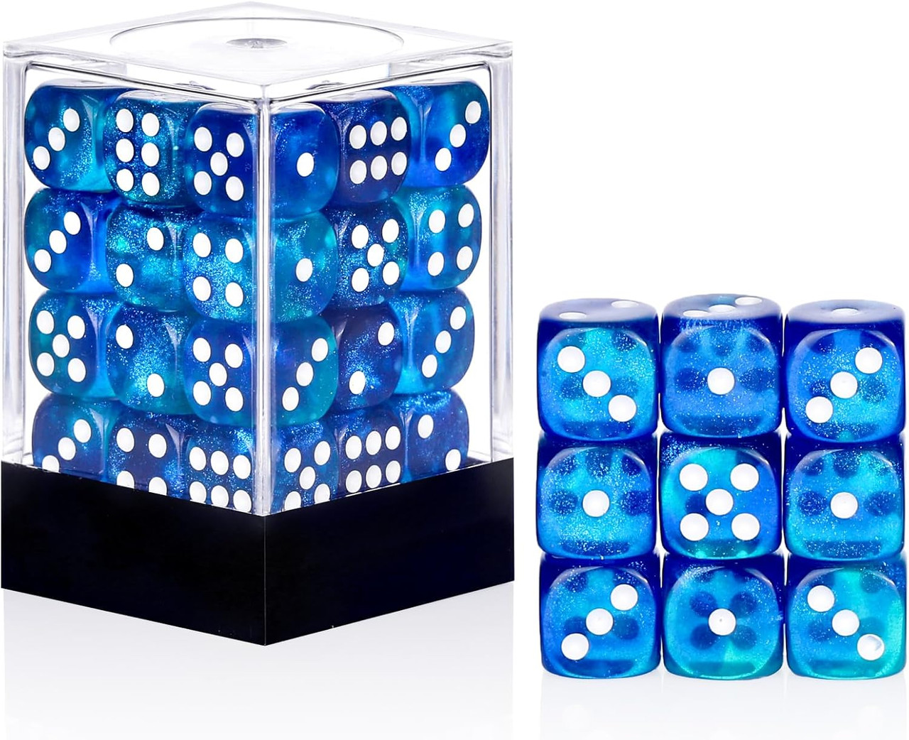 Set of 36 Swirl Blue Glitter 12mm 6-Sided Dice with White Spots