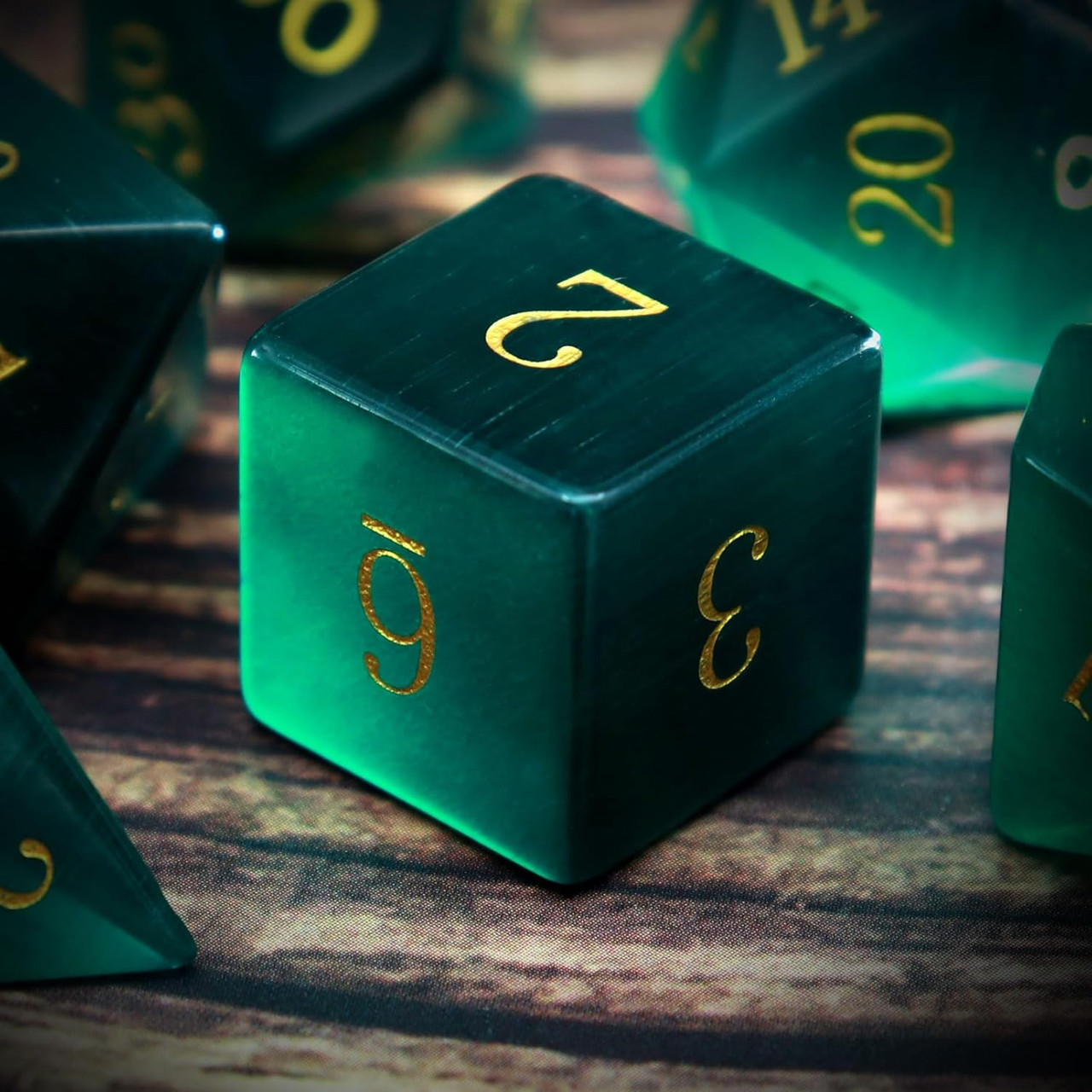 Cat's Eye Emerald Green Gemstone Dice Set | Dice Game Depot
