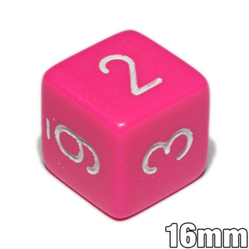 Pink opaque 6-sided dice with numerals