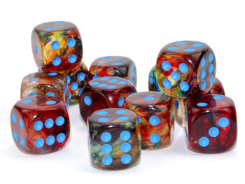Set of 12 Nebula Primary d6 dice - Red, blue, and yellow swirls with blue spots